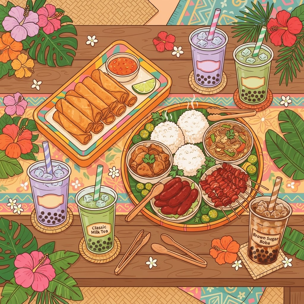 Filipino party food spread with boba drinks, lumpia, and finger foods