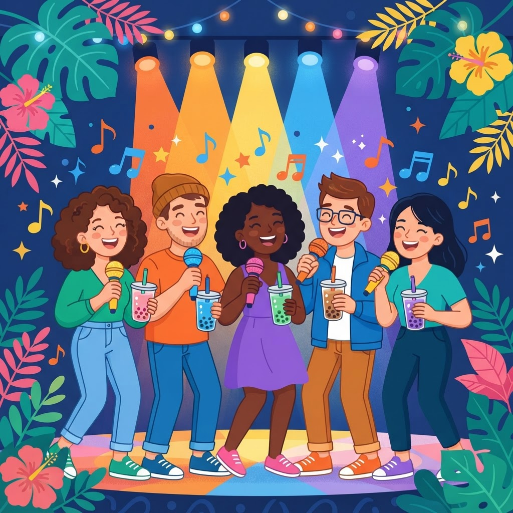 Friends singing karaoke and having fun at a Quickly Benicia party event