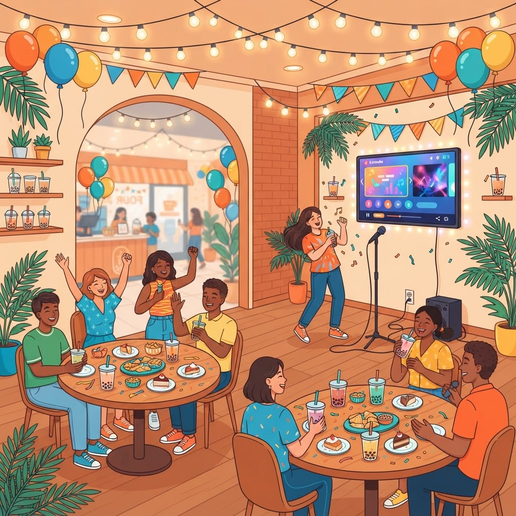 Festively decorated private party room at Quickly Benicia with tables, boba drinks, balloons, and a large-screen TV