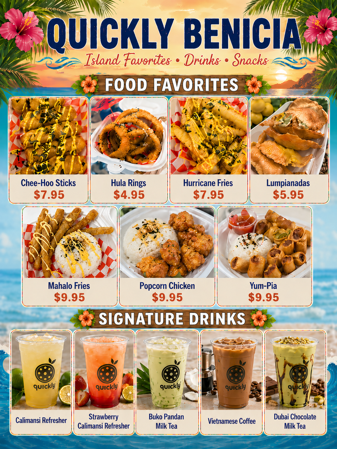 Quickly Benicia daily specialty menu featuring food favorites and signature drinks with prices