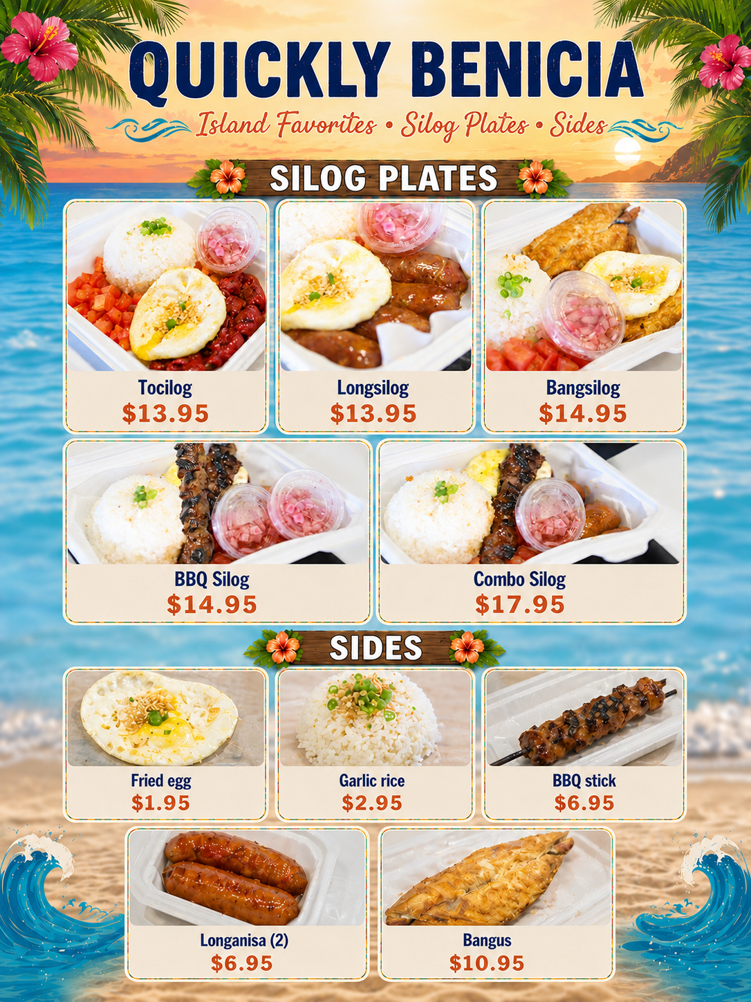 Quickly Benicia weekend specialty menu featuring silog plates and sides with prices